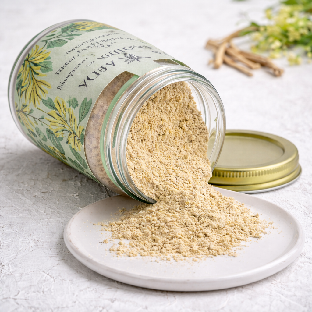 Open jar of Aeya powder with contents on a plate on a light surface.