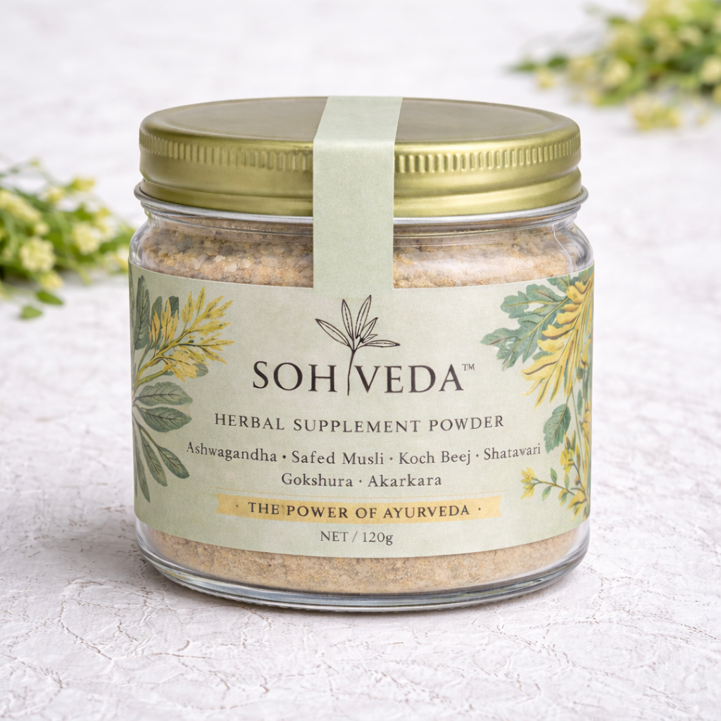 Jar of Sohiveda herbal supplement powder on a light background