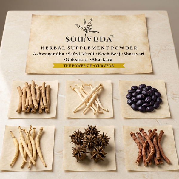 Herbal supplement powder packaging with ingredients displayed on a marble surface