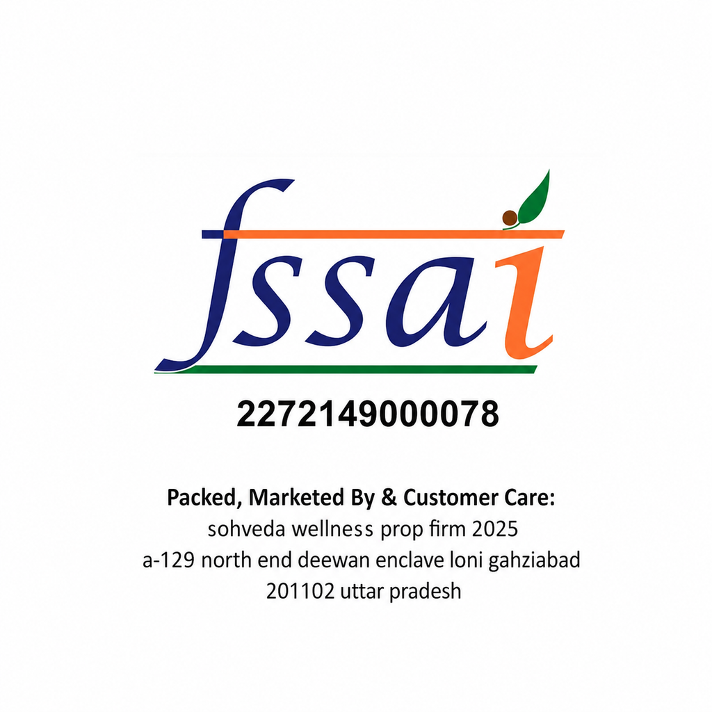 A white square graphic with the stylized text 'fssai' in blue, orange, and green, plus the number 2272149000078 and smaller black text below reading 'Packed, Marketed By & Customer Care: sohveda wellness prop firm 2025 a-129 north end deewan enclave loni gahziabad 201102 uttar Pradesh'.